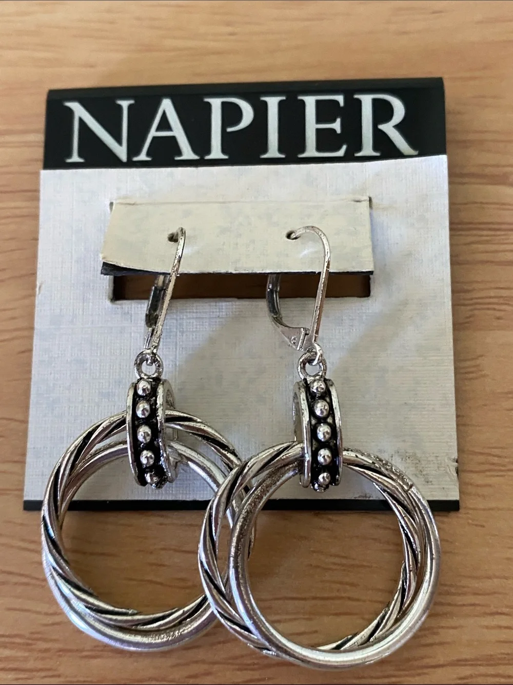 Napier Silver Multi-Hoop Drop Earrings with Accent Bead Detail NWT